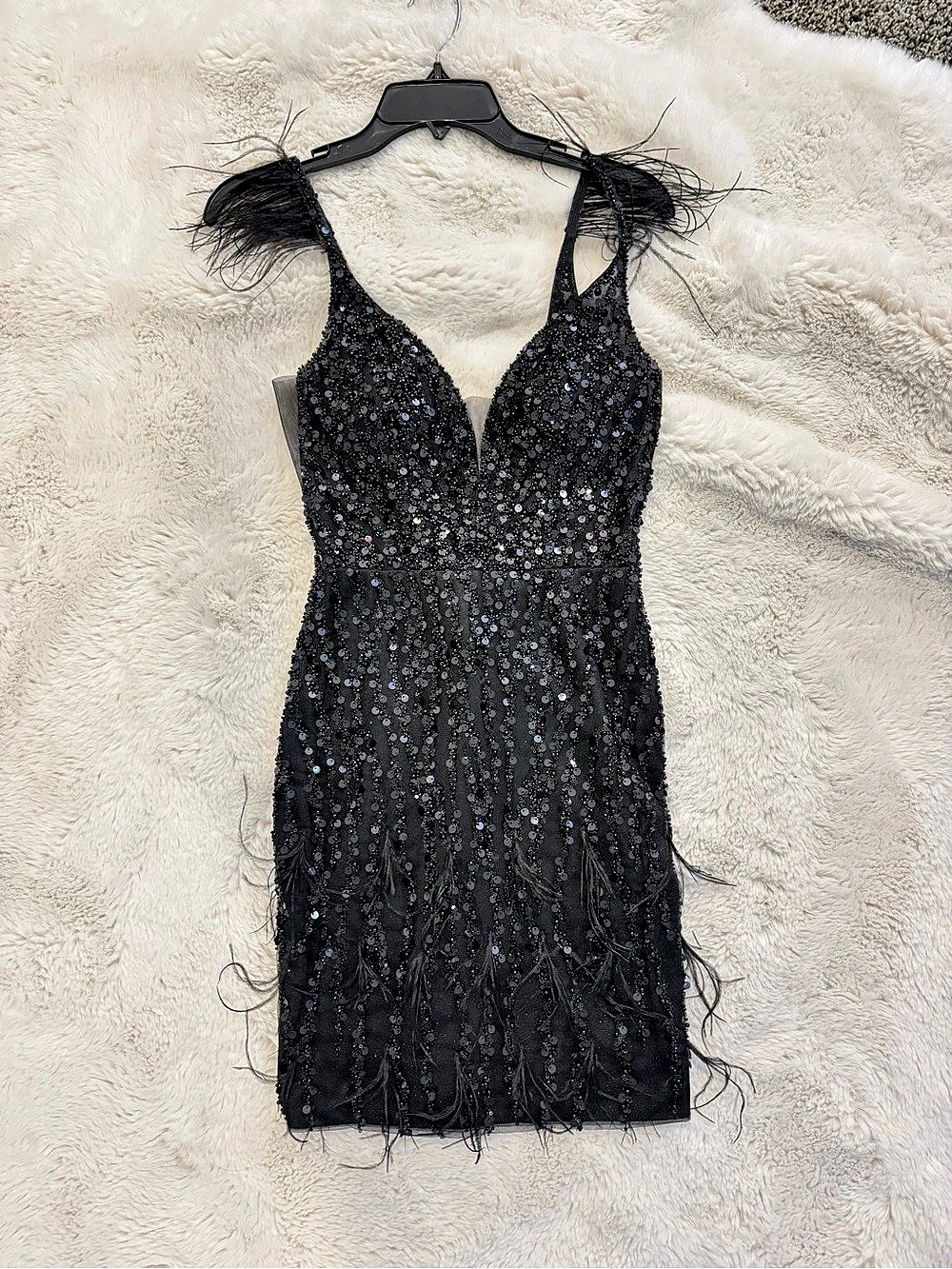 Gianni Bini Black Sequin Feather Trim Mini Dress Size 3 NWT